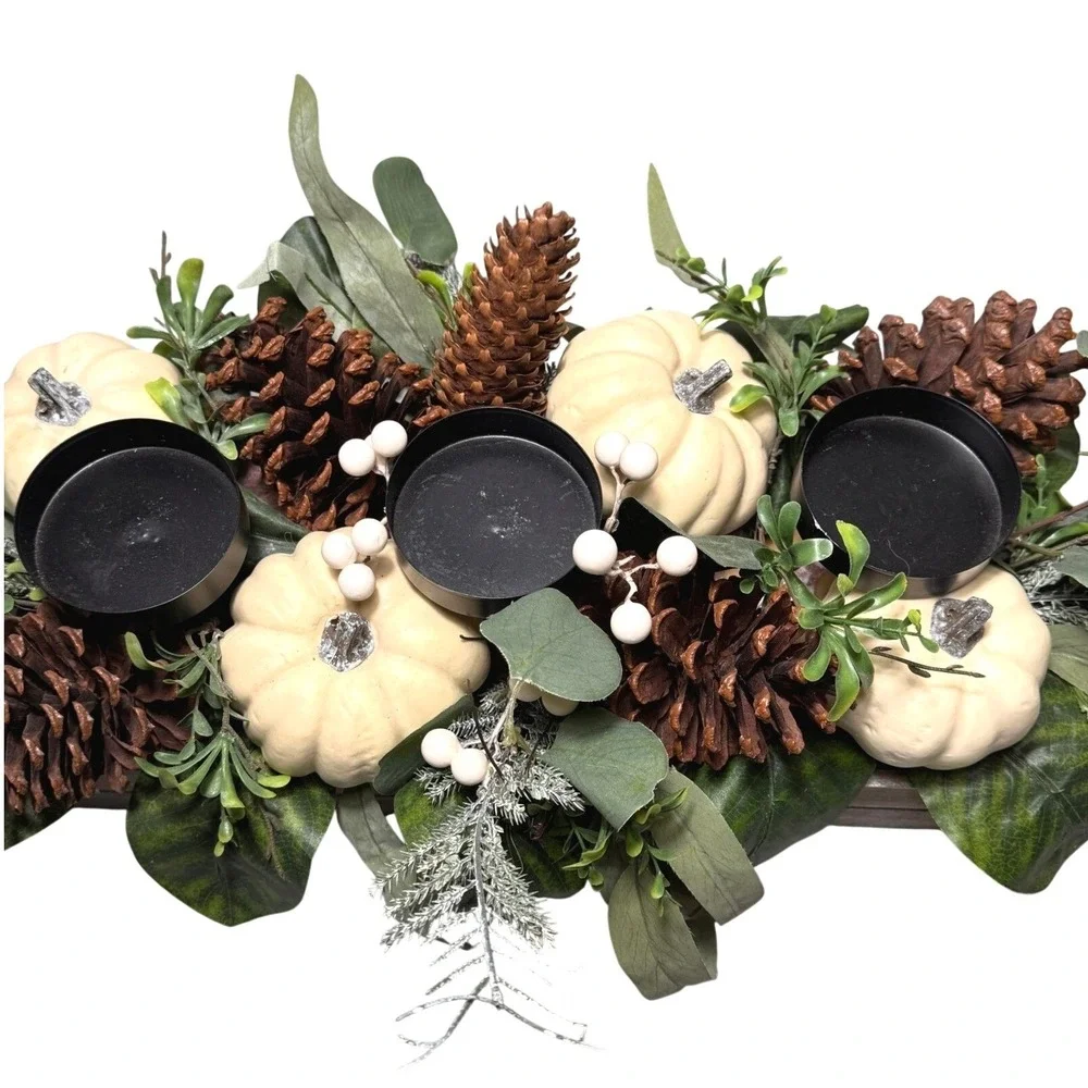 Rustic Farmhouse Woodlook Candle Centerpiece White Pumpkins Pine Cone Fall Decor